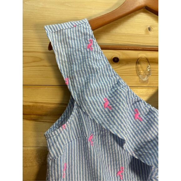 Crown & Ivy Women's Size Medium Blue Seersucker Sleeveless Top Pink Flamingo Emb - Picture 2 of 9